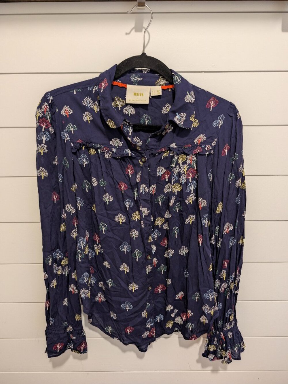 Maeve by Anthropologie Fredericka Navy Blue Whimsical Tree Print Modal Ruffle 6